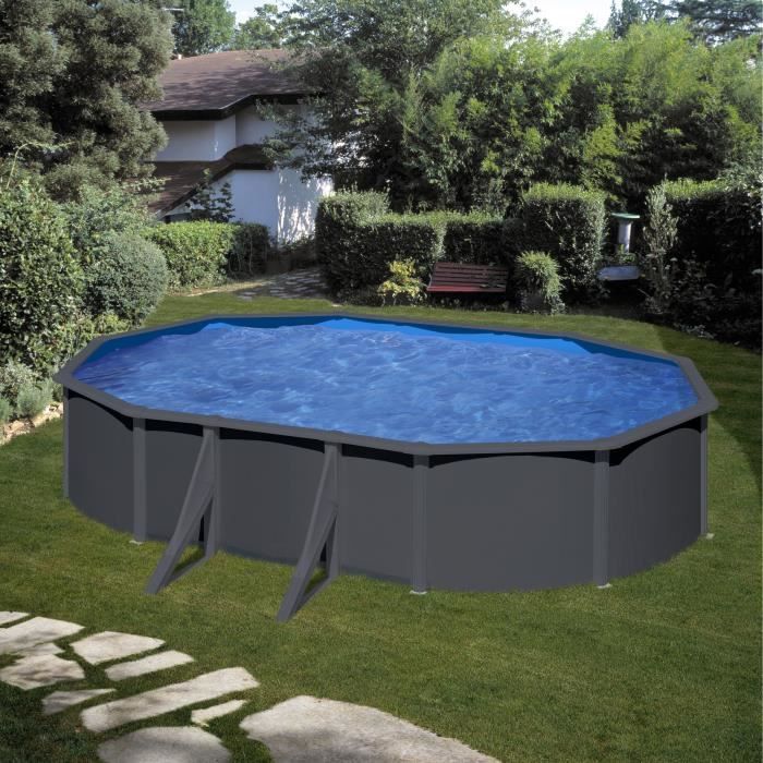 GRE - Kit Piscine hors sol acier ovale grise anthracite - 5,27m x 3,27m x H: 1,22m (LivrÈe avec filtre a sable + Èchelle)