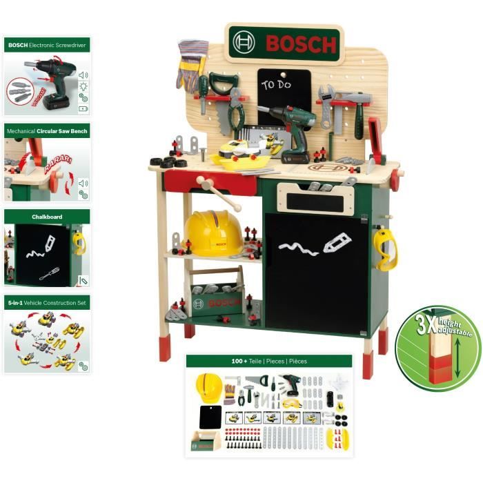 Grand établi Bosch - KLEIN - 8734 - Bois FSC - Avec visseuse électronique, caisse a outils, set de construction, etc. - Des 3 ans