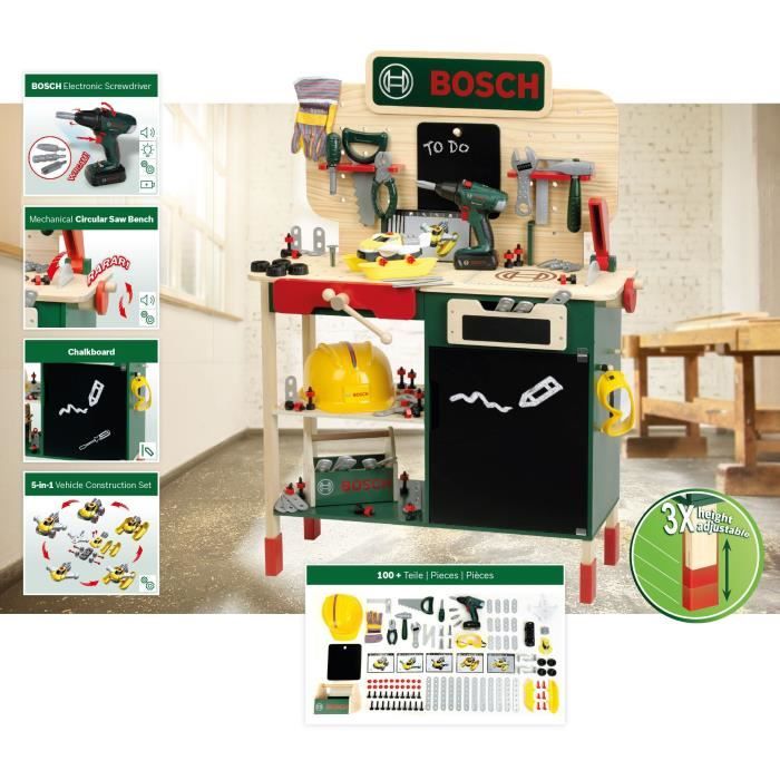 Grand établi Bosch - KLEIN - 8734 - Bois FSC - Avec visseuse électronique, caisse a outils, set de construction, etc. - Des 3 ans