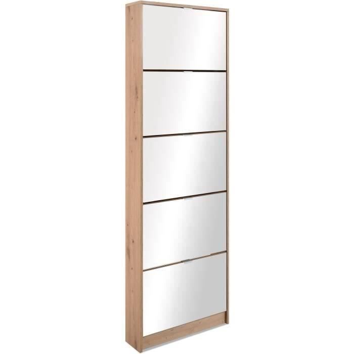 Meuble a chaussures - Décor Chene et facades Miroir - L 58 x H177 x P17 cm - 15 paires - 5 abattants - Facades miroir