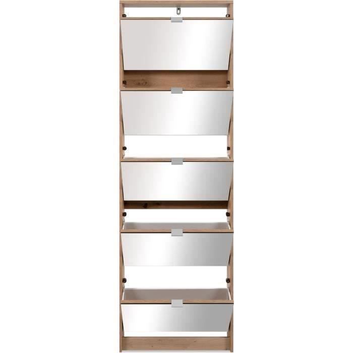 Meuble a chaussures - Décor Chene et facades Miroir - L 58 x H177 x P17 cm - 15 paires - 5 abattants - Facades miroir