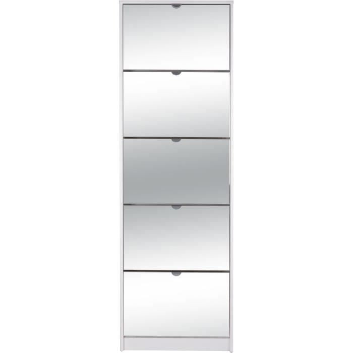 Meuble a chaussures - Blanc et Facades miroir- L58 x H177 x P17 cm - 15 paires - 5 abattants - KOBLENZ