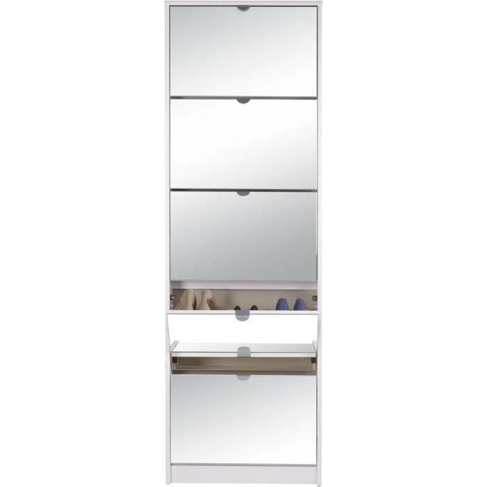 Meuble a chaussures - Blanc et Facades miroir- L58 x H177 x P17 cm - 15 paires - 5 abattants - KOBLENZ
