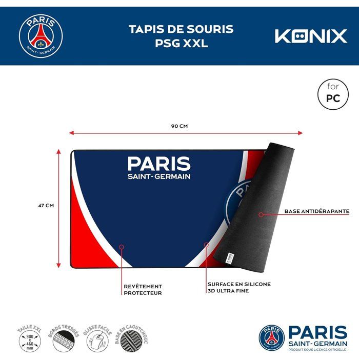 Tapis de souris gaming - KONIX - PSG - XXL 90 x 46 cm - Surface silicone 3D ultra fine - Base antidérapante en caoutchouc - Bleu