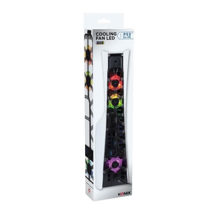 Ventilateur de refroidissement - KONIX - PS5 Slim - 21 x 68 x 40 cm - 3 vitesses - Éclairage LED RVB - Port USB 3.0 - Noir