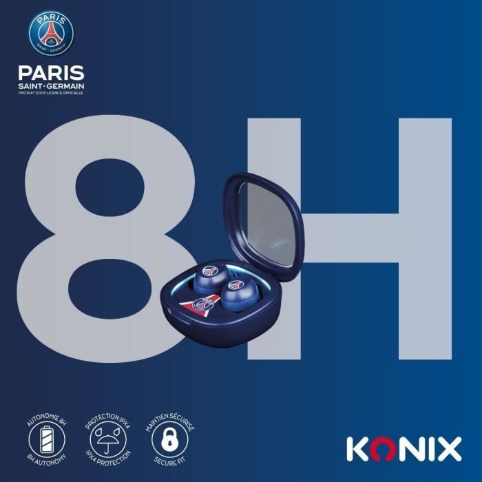 Écouteurs sans fil - KONIX - PSG - Autonomie 8 h + 15 h avec boîtier - Résistance a l'eau IPX4 - Bluetooth - Bleu