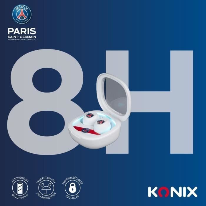 Écouteurs sans fil - KONIX - PSG - Autonomie 8 h + 15 h - IPX4 - Bluetooth - Blanc