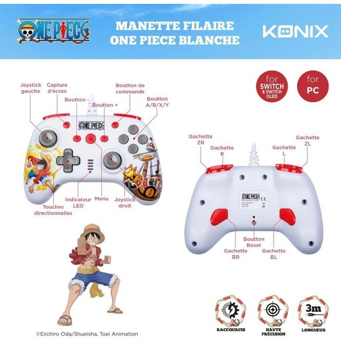 Manette de jeu - Nintendo Switch, Switch 2 et PC - One Piece - Filaire - Blanc - Fonction vibration - Câble 3 m - Luffy - Konix