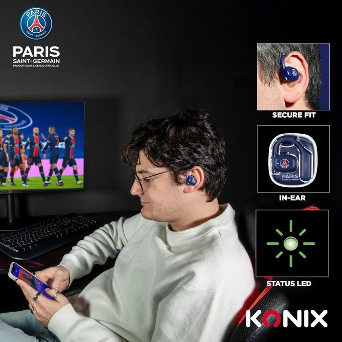 Écouteurs oreillette sport - Sans fil - Konix - PSG - Haut-parleurs 16,2 mm - Portée 10 m - Autonomie 12 h - Bluetooth 5.3 - Bleu