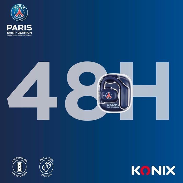 Écouteurs oreillette sport - Sans fil - Konix - PSG - Haut-parleurs 16,2 mm - Portée 10 m - Autonomie 12 h - Bluetooth 5.3 - Bleu