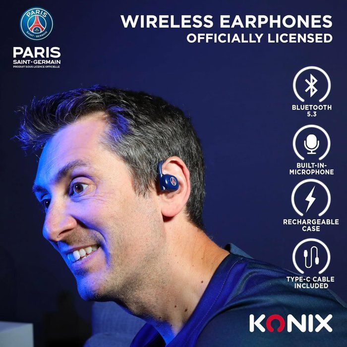 Écouteurs oreillette sport - Sans fil - Konix - PSG - Haut-parleurs 16,2 mm - Portée 10 m - Autonomie 12 h - Bluetooth 5.3 - Bleu