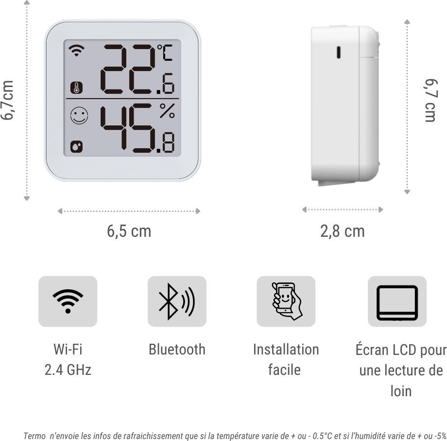 Thermometre et Hygrometre - KONYKS - Termo 2 - Intérieur - Détecteur de température + humidité - Wifi - Grand écran - Blanc