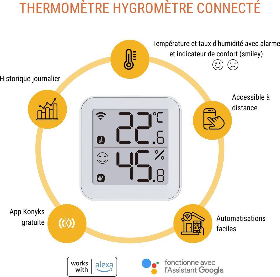 Thermometre et Hygrometre - KONYKS - Termo 2 - Intérieur - Détecteur de température + humidité - Wifi - Grand écran - Blanc