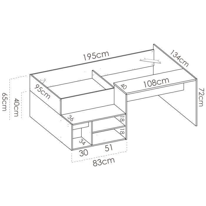 Lit combiné enfant KRIC - Chene naturel et blanc - Bureau et rangement - 90x190 cm