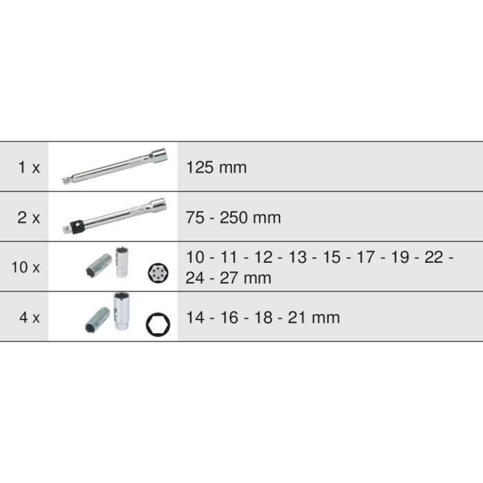 Module - KS TOOLS - 713.1026 - Module de douilles longues et accessoires - 1/2 - 17 pieces