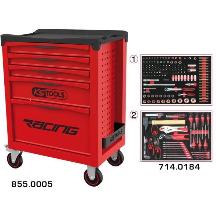 Servante - Equipée - 5 tiroirs - KS Tools- 855.5184 - Rouge - 184 outils - Charge admise 350 kg