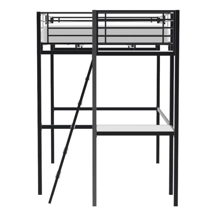Lit mezzanine avec bureau en mÈtal Èpoxy - Noir - Sommier inclus - 140x190 cm - OXFORD