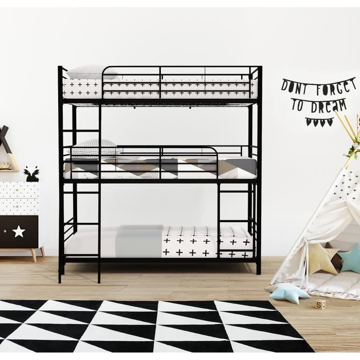 Lits superposés en métal - 3 places - Noir - Sommiers inclus - 3x90x190 cm - TRIO