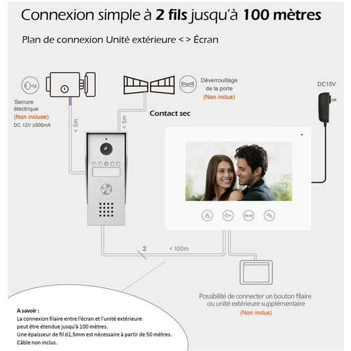 Portier Vidéo - KYF - Filaire - Connecté Wifi - Ecran tactile 7'' - 2 fils