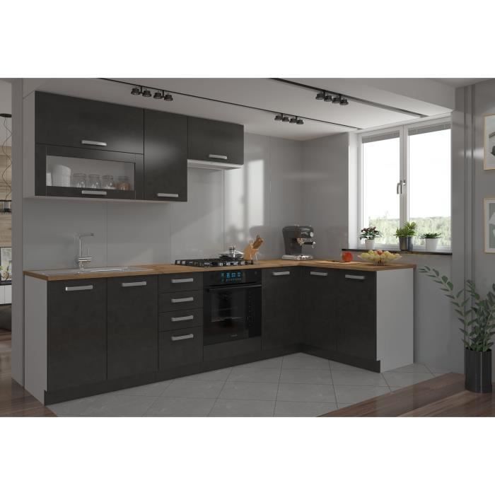 LASSEN Cuisine complete d'angle 240x165 cm avec plan de travail - Angles rÈversible - 8 ÈlÈments - Gris Matera