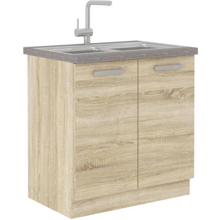 LASSEN Meuble bas de cuisine sous Èvier L 80 cm - DÈcor chene clair sonoma
