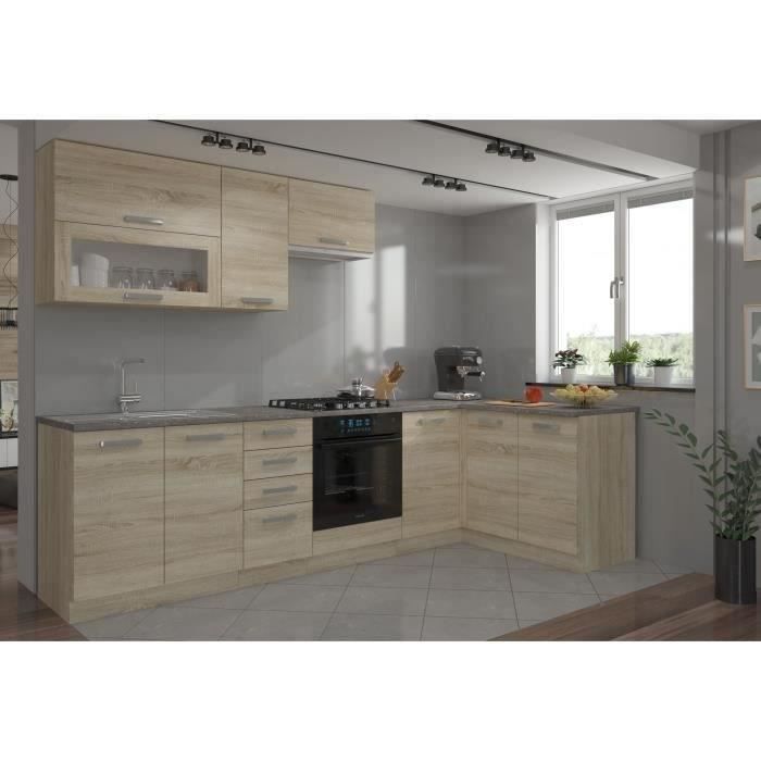 LASSEN Cuisine complete d'angle 240x165 cm avec plan de travail - Angle rÈversible - DÈcor chene sonoma