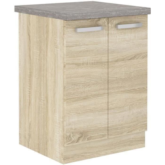 Meuble bas 2 portes battantes - Décor chęne sonoma - L 60 x P 51,6 x H 85 cm - LASSEN