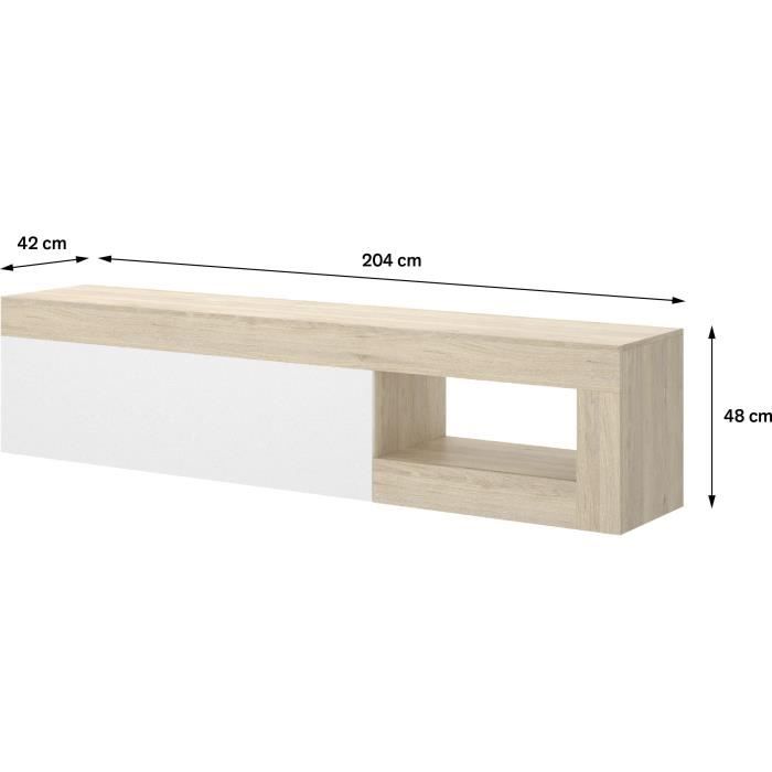 Meuble TV bas - LEBO - Chene / Blanc Brillant - 204 x 42 x 48 cm