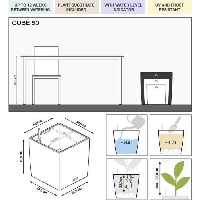 LECHUZA Pot de fleurs - Cube Premium 50 - 49 x 49 x 49,5 cm - Kit complet - Taupe brillant