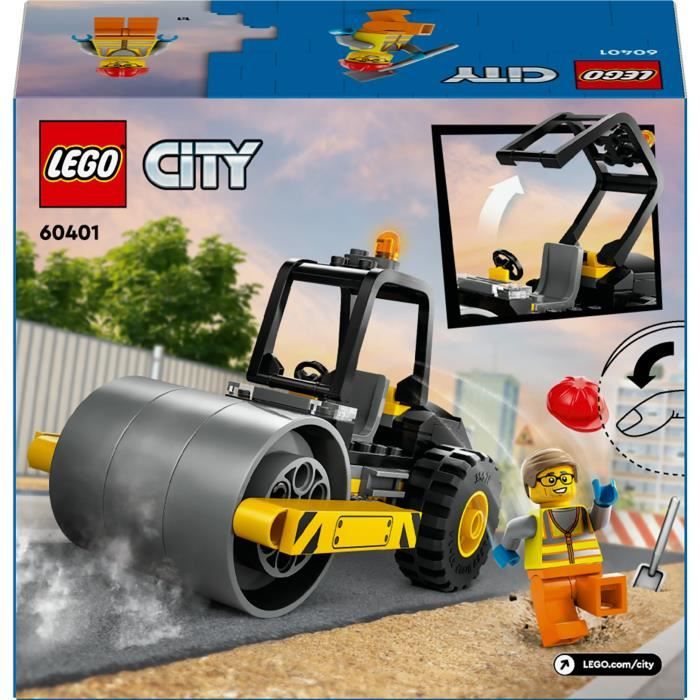 LEGO 60401 City Le Rouleau Compresseur de Chantier, Maquette de Jouet de Camion avec Minifigurines d'Ouvrier