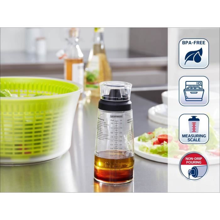 Shaker a Vinaigrette Leifheit 3195, mélangeur vinaigrette gradué de 300 ml avec bec verseur anti-goutte, 5 recettes incluses