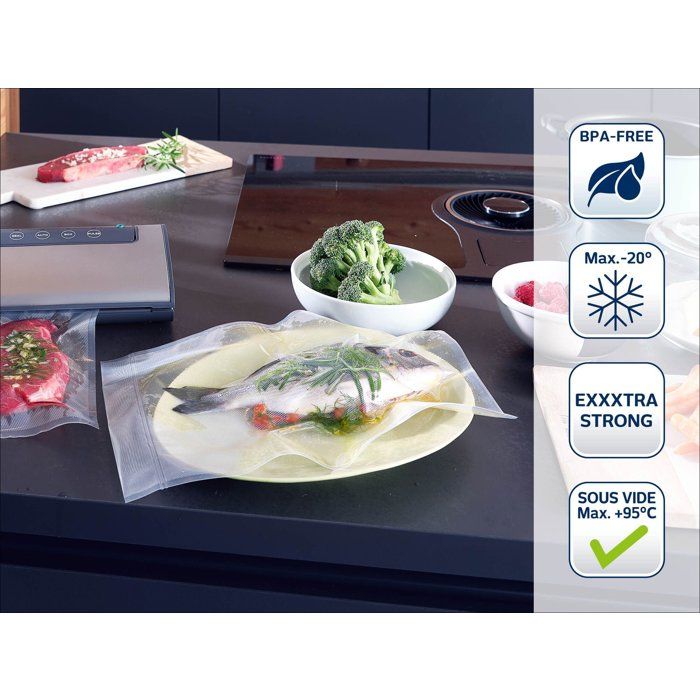 2 rouleaux sous vide 30x600cm Leifheit 3238 - Sac sous vide alimentaire pour la conservation & cuisson avec 56 étiquettes - Sans BPA