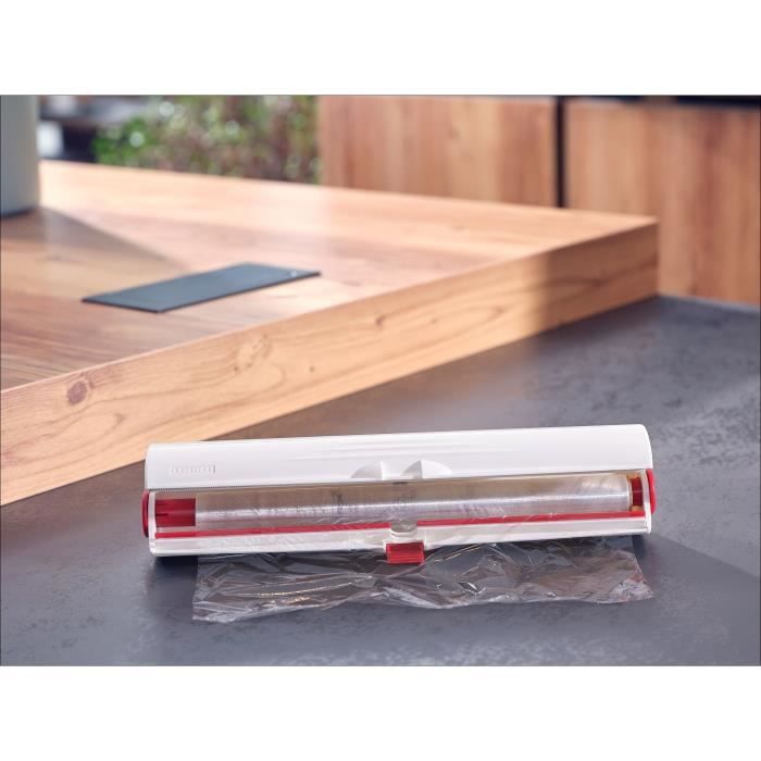 Dérouleur coupe-film Leifheit Perfect Cut 23051, coupe-film étirable pour film alimentaire et papier aluminium de max. 33 cm, blanc