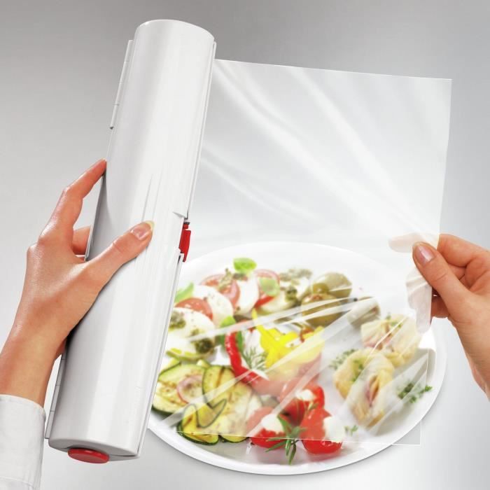 Dérouleur coupe-film Leifheit Perfect Cut 23051, coupe-film étirable pour film alimentaire et papier aluminium de max. 33 cm, blanc