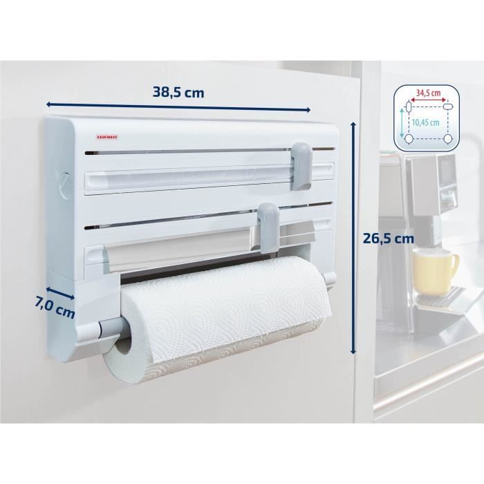 Dérouleur mural Leifheit Parat ComfortLine 25703, porte-rouleau mural cuisine pour 3 rouleaux avec lames tranchantes, blanc