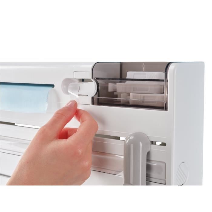 Dérouleur mural Leifheit Parat Plus ComfortLine 25723, porte-rouleau mural avec lames tranchantes et 6 places de rangements, blanc