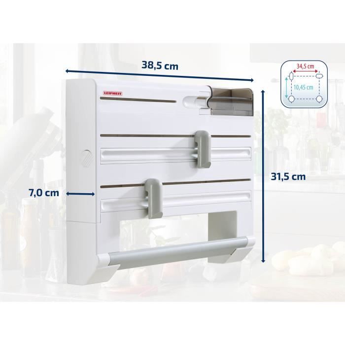 Dérouleur mural Leifheit Parat Plus ComfortLine 25723, porte-rouleau mural avec lames tranchantes et 6 places de rangements, blanc