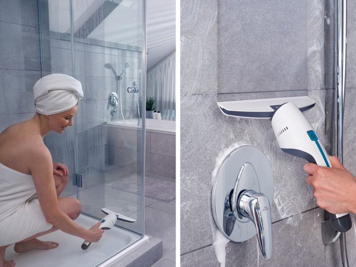 Aspirateur a vitres et salle de bains Leifheit Nemo 51035, lave vitres électrique avec boîtier étanche et support mural, blanc