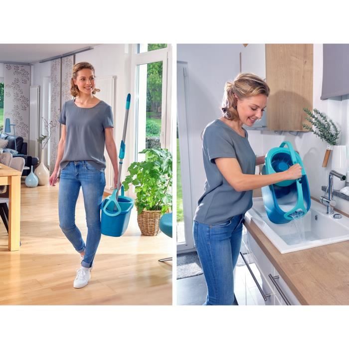 Set lave sol avec seau essoreur Leifheit Clean Twist Disc Mop 52101, balais serpilliere a franges avec manche télescopique, seau 6 L
