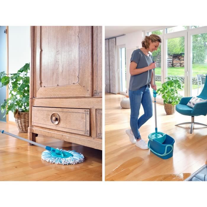 Set lave sol avec seau essoreur Leifheit Clean Twist Disc Mop 52101, balais serpilliere a franges avec manche télescopique, seau 6 L