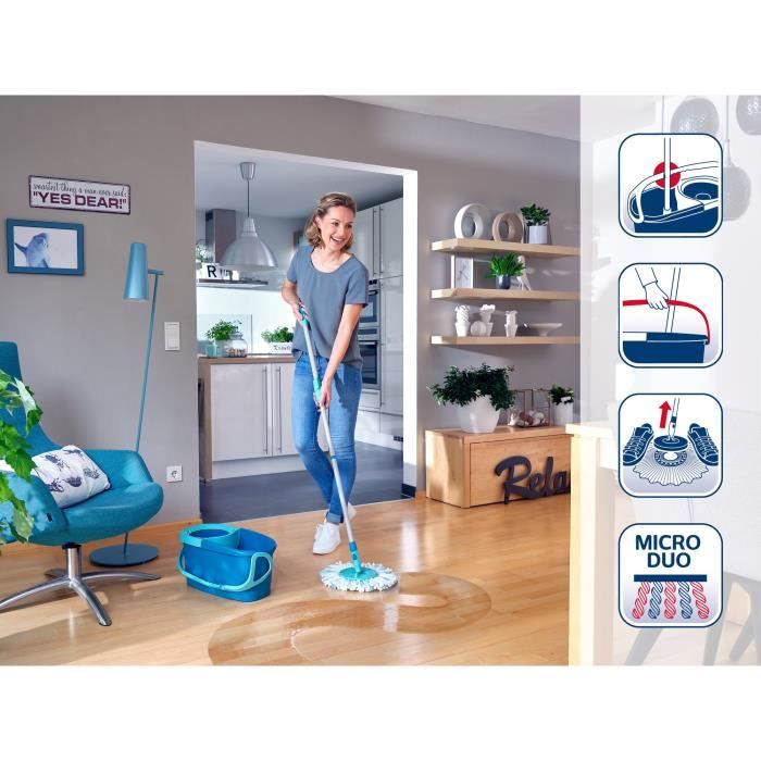 Set lave sol avec seau essoreur Leifheit Clean Twist Disc Mop 52101, balais serpilliere a franges avec manche télescopique, seau 6 L