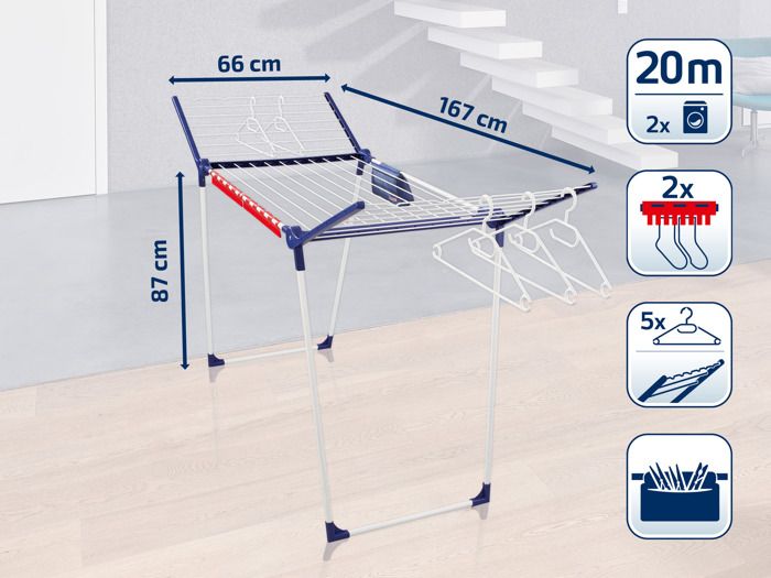 Étendoir a linge Leifheit Pegasus 200 Solid Comfort 81516, séchoir a linge avec 20m d'étendage, tancarville 8 accessoires, blanc