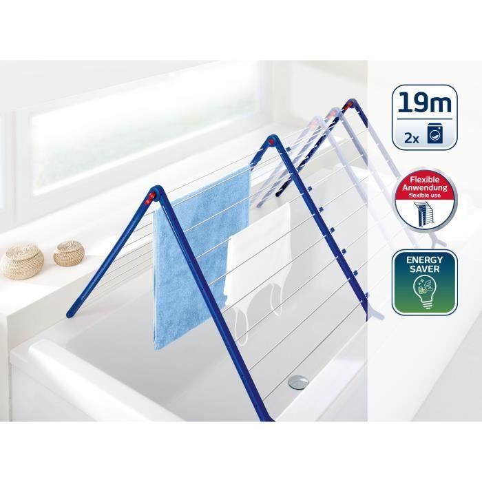 Étendoir a linge Leifheit Pegasus V Duo 81702, séchoir a linge extensible adapté aux baignoires, 19m d'étendage, blanc et bleu