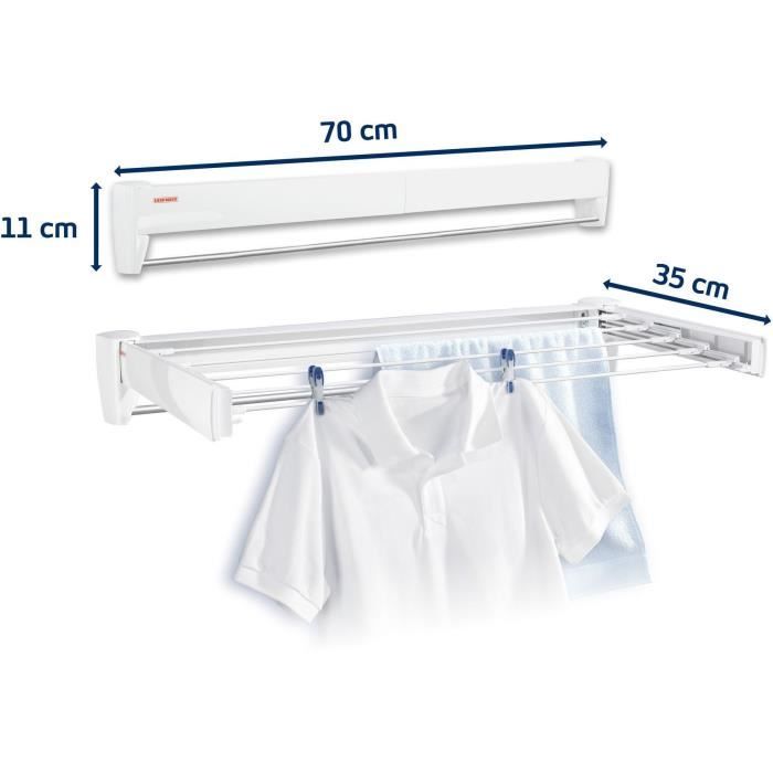 Séchoir mural Leifheit Telegant 36 Protect Plus 83201, étendoir mural dépliable avec 5 barres de 72cm, matériau inoxydable, blanc