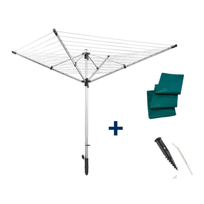 Séchoir parapluie Leifheit LinoLift 600 QuickStart 85282, étendoir jardin avec 60m d'étendage, housse et douille de fixation, gris