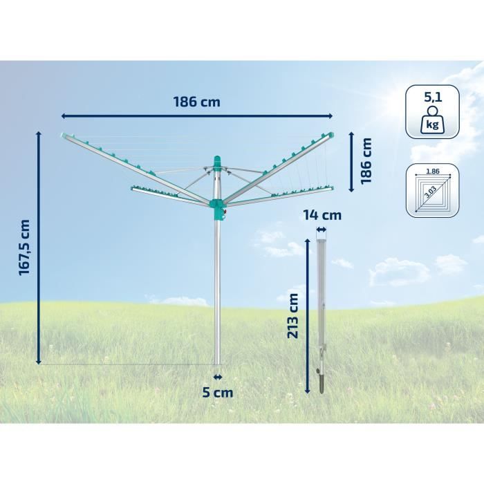 Séchoir parapluie Leifheit Linomatic 400 Easy 85285, étendoir a linge parapluie avec 40m d'étendage et syteme Easy-Lift, turquoise