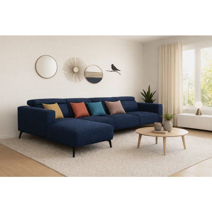 Canapé d'angle modulable - 4 places - LEONIE - Tissu Bleu Chambray - Têtières ajustables - 357 x 175 x 75 cm