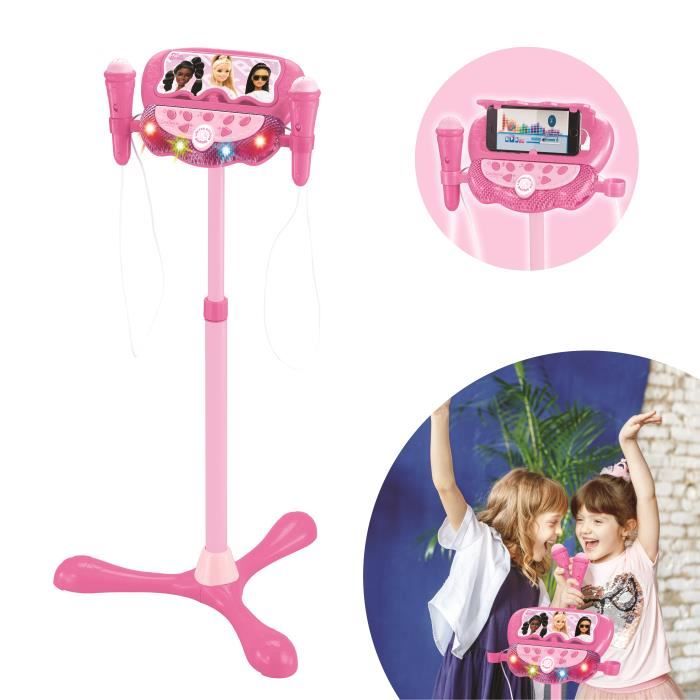 Microphone Barbie sur pied ajustable lumineux avec enceinte, 2 Micros et Effets vocaux, Enceinte Bluetooth