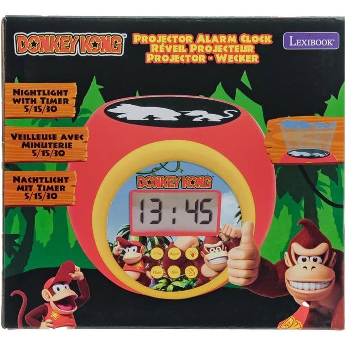 Lexibook - Réveil-projecteur Donkey Kong - Fonction Alarme et répétition Snooz - Veilleuse avec minuterie - Ecran LCD - Piles