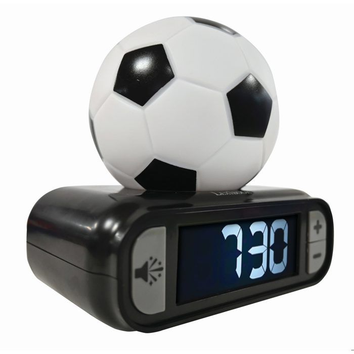 LEXIBOOK - Réveil veilleuse Football - Sons et mélodies, écran LCD rétro-éclairé et lumineux - Blanc, Noir